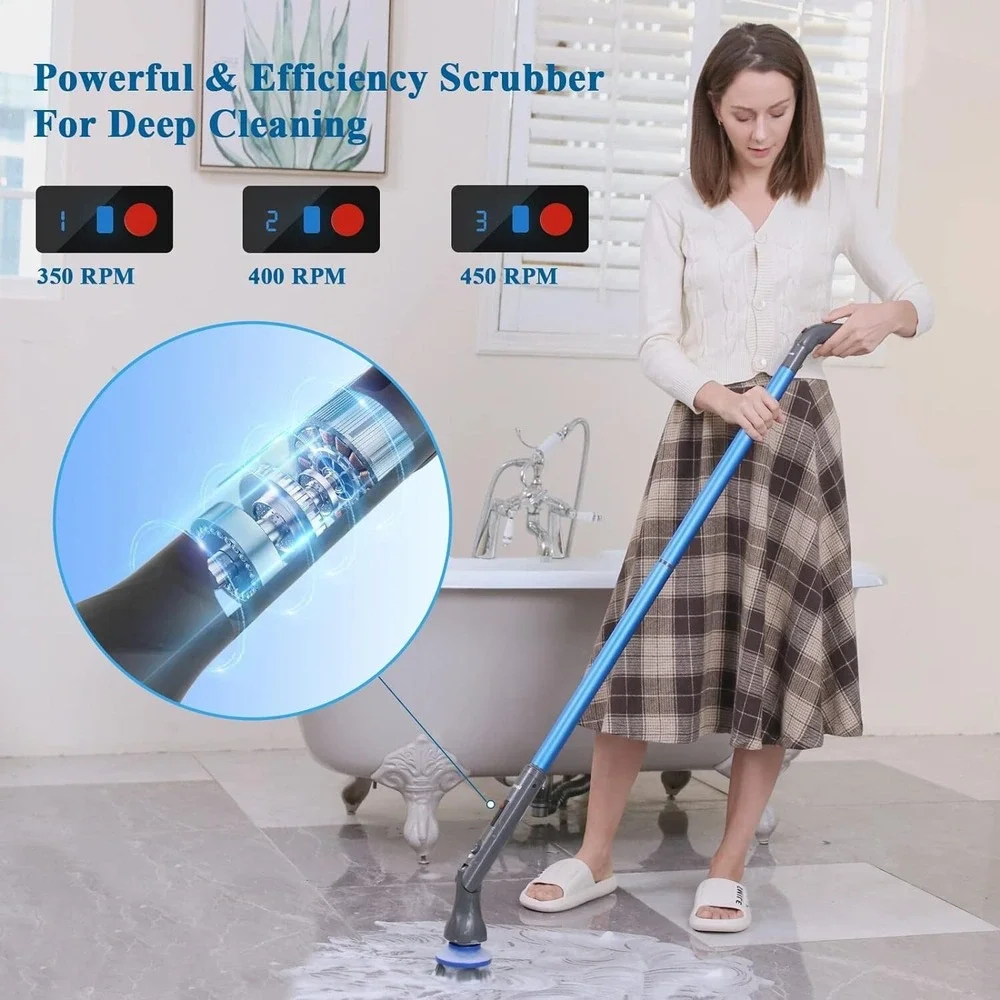 Cordless Electric Spin Scrubber LED Display 5 Brush Heads Extendable Handle